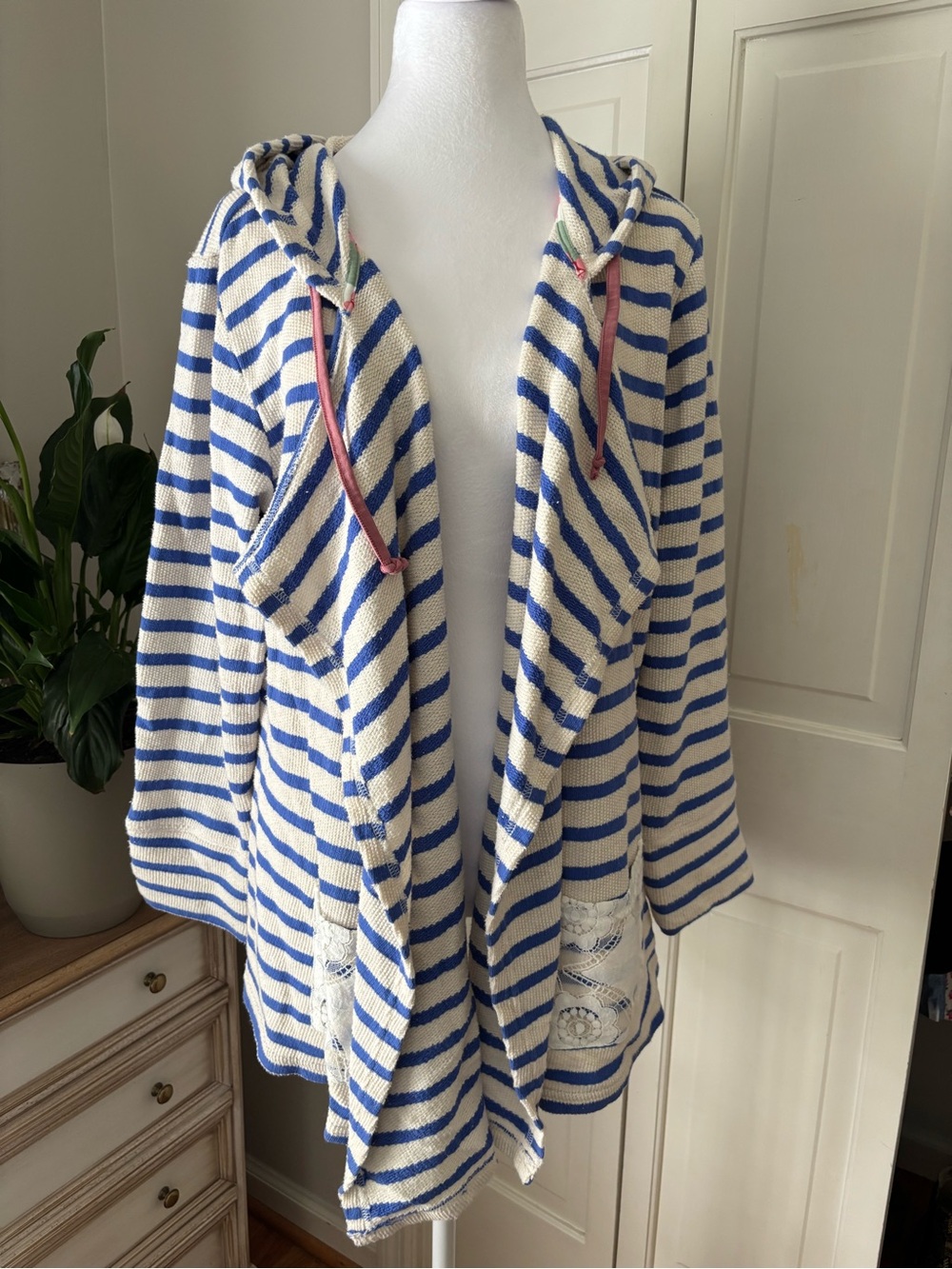 Matilda Jane Blue and White Striped Hooded Cardigan with Lace Detail size L